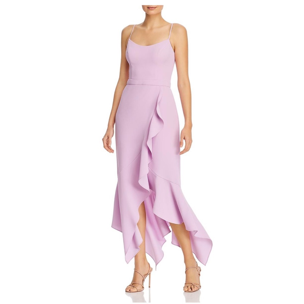 Aqua Lilac Crepe Scoop Neck Ruffle Midi Dress